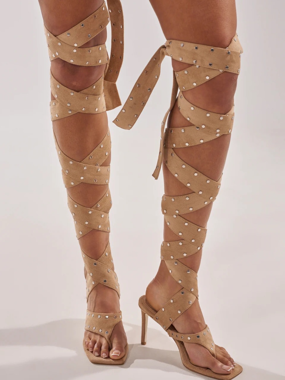 Studded Faux Suede Thong Heel Gladiator Sandal - Tan Size 10